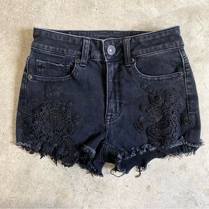 American Eagle high rise next level stretch black crochet accent jean shorts